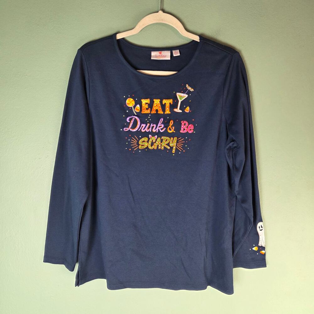 Quacker Factory Womens L Blue Eat Drink & Be Scary Halloween Long Sleeve Shirt